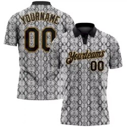 Custom Black Old Gold 3D Pattern Design Snakeskin Performance Golf Polo Shirt