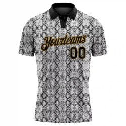 Custom Black Old Gold 3D Pattern Design Snakeskin Performance Golf Polo Shirt