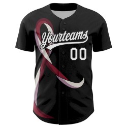 Custom Black White-Burgund 3D Head And Neck Cancer Ribbon Authentic Baseball Jersey