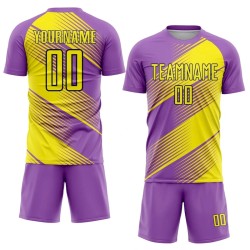 Custom Medium Purple Light Yellow-Black Line Sublimation Soccer Uniform Jersey